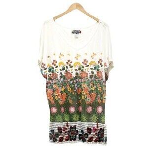 Desigual Tropical Print Cap Sleeve Flower Tunic Women’s Size Medium Smocked Hem